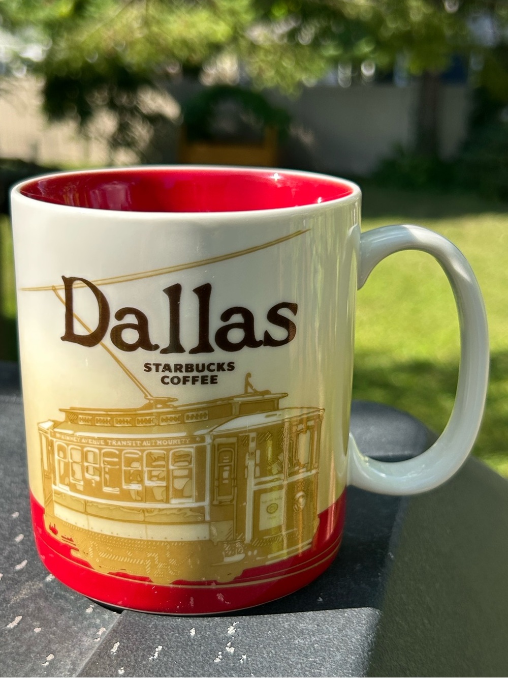 Starbucks Mug Dallas Streetcar Skyline Coffee Red Gold Ceramic Cup 16 Oz